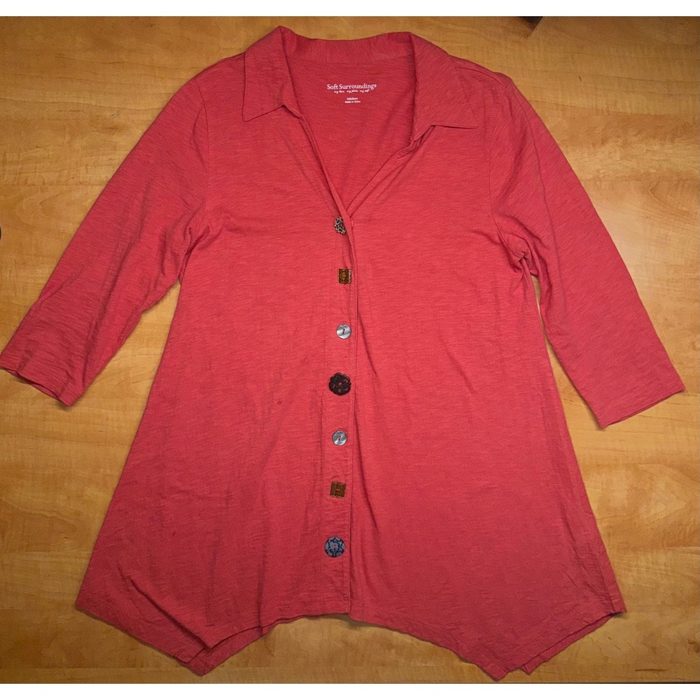 Soft Surroundings Coral Cotton Slub Mismatched Button Top Handkerchief Hem M